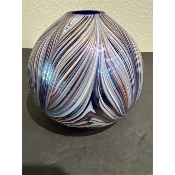 Art Glass Globe Vase with Purple Blue Brown Swirls Sphere Vintage - Picture 3 of 15